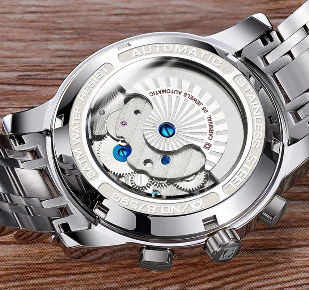Watch Silver Stainless Steel Multifunction Blue Watches Mens tourbillon Automatic expend sequential spatial stepper Mechanical 