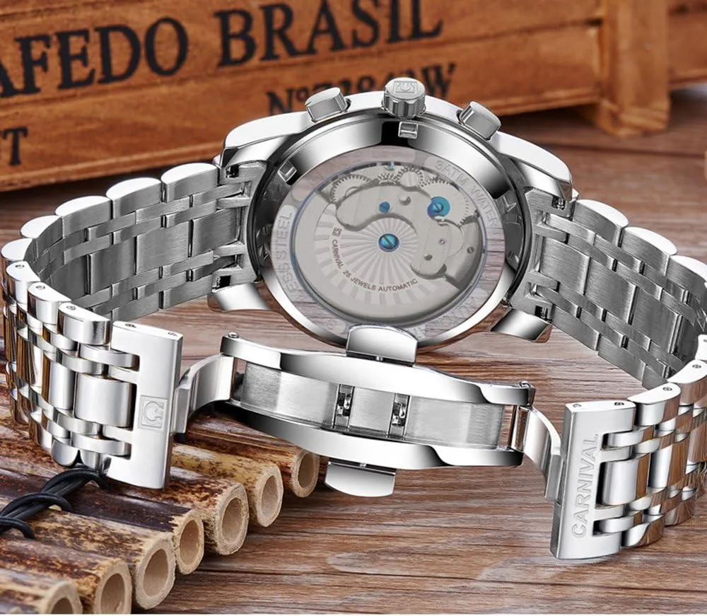 Watch Silver Stainless Steel Multifunction Blue Watches Mens tourbillon Automatic expend sequential spatial stepper Mechanical 