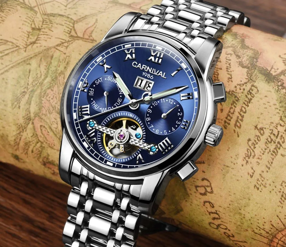 Watch Silver Stainless Steel Multifunction Blue Watches Mens tourbillon Automatic expend sequential spatial stepper Mechanical 