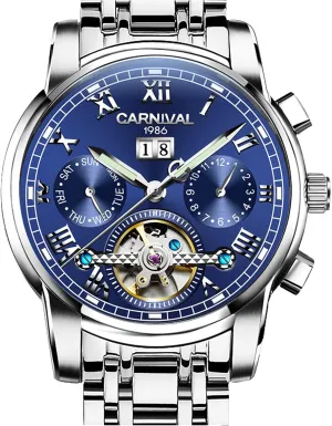Watch Silver Stainless Steel Multifunction Blue Watches Mens tourbillon Automatic expend sequential spatial stepper Mechanical 