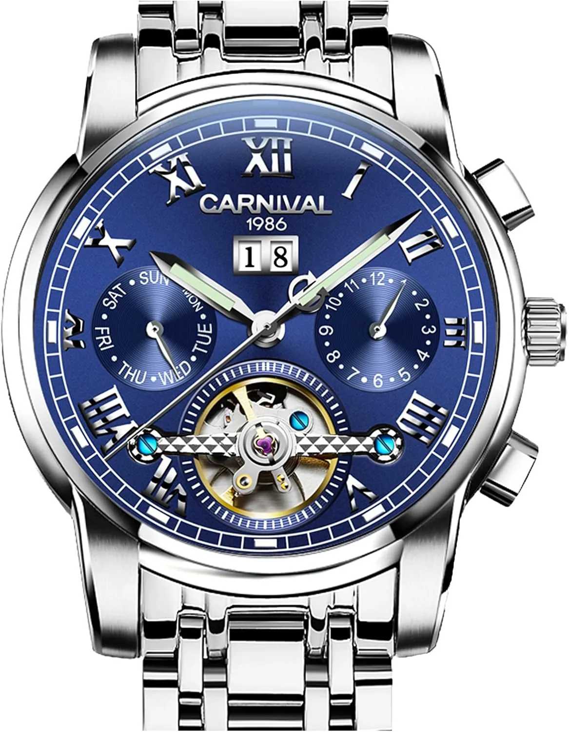 Watch Silver Stainless Steel Multifunction Blue Watches Mens tourbillon Automatic expend sequential spatial stepper Mechanical 
