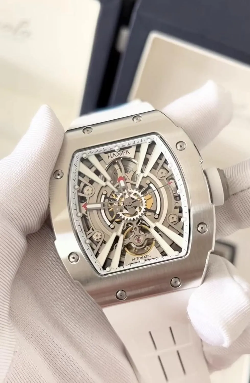 Watch Stainless Steel Case Sapphire Fashion Personality Sports Wrist daily dispute Watch for Men 1907 Haofa Automatic Mechanical Men's Watch Tonneau Skeleton Luminous Self-Winding 