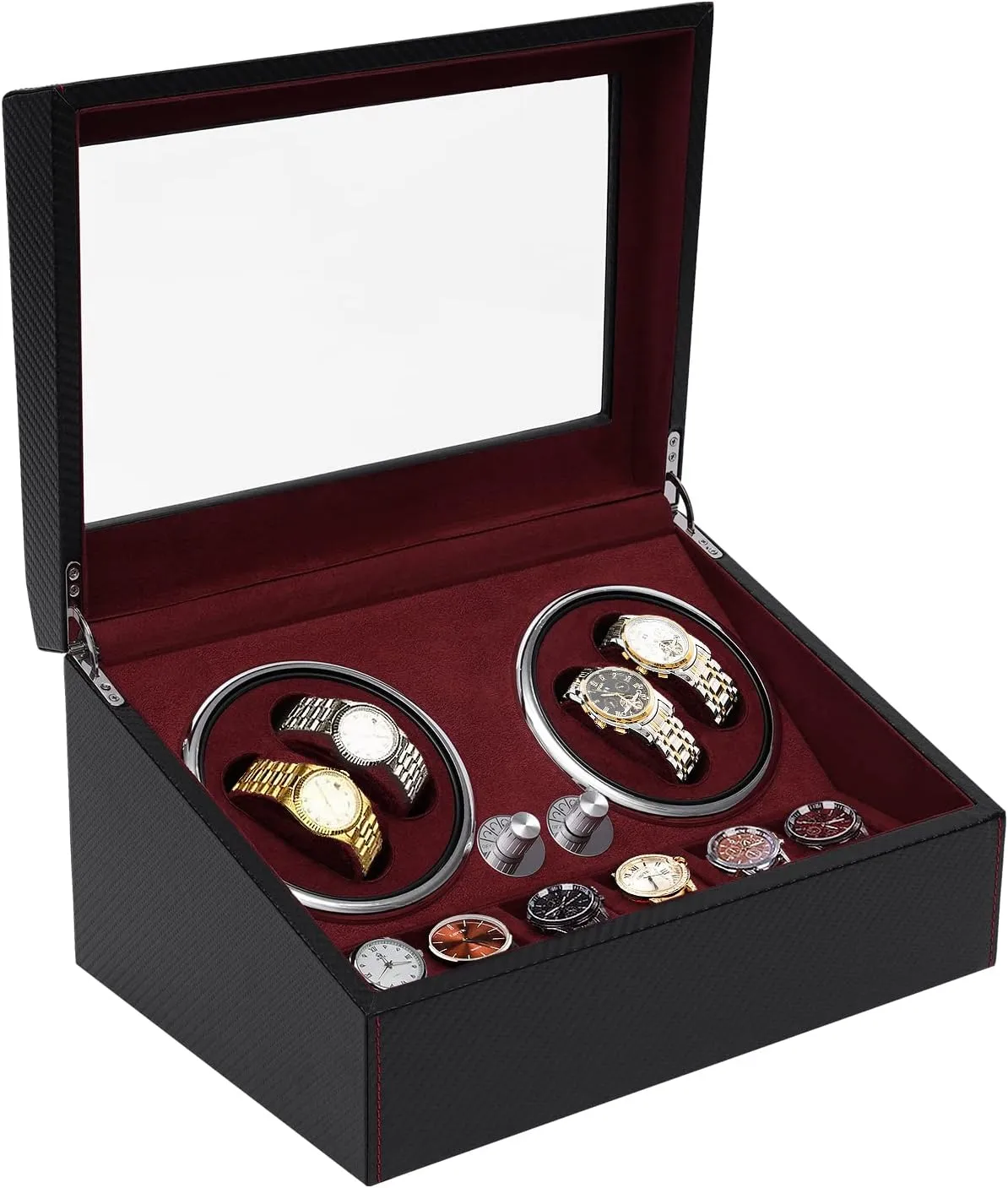 Watch Winder for 4 Watches  6 Extra Storages with Blue Interior Backlight, Crocodile Pattern Shell Watch Winding Box with Velvet Cloth Lining, Silent Mabuchi Motors and access 4 Rotation Mode Setting SHZICMY 