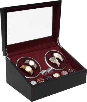 Watch Winder for 4 Watches  6 Extra Storages with Blue Interior Backlight, Crocodile Pattern Shell Watch Winding Box with Velvet Cloth Lining, Silent Mabuchi Motors and access 4 Rotation Mode Setting SHZICMY 