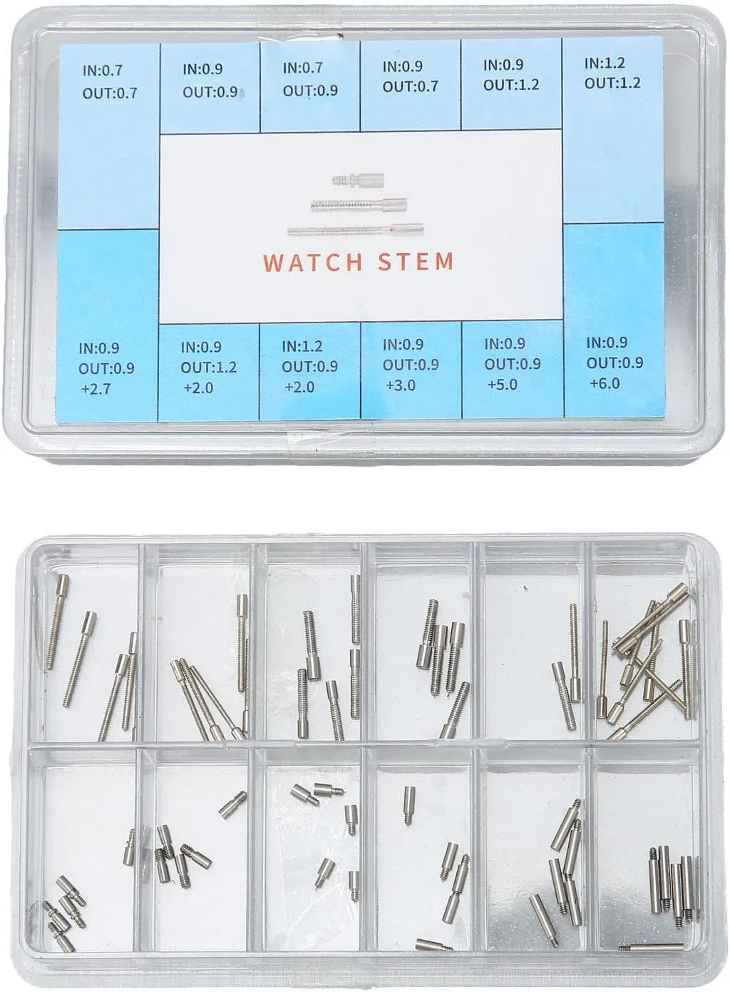 Watch Winding Stem Extender, Portable Watch Stem longevity consolidation Extender Replacement with Storgae Box, for Watchmakers Watch Stem Extender, 60 Pcs 12 Sizes Stainless Steel 