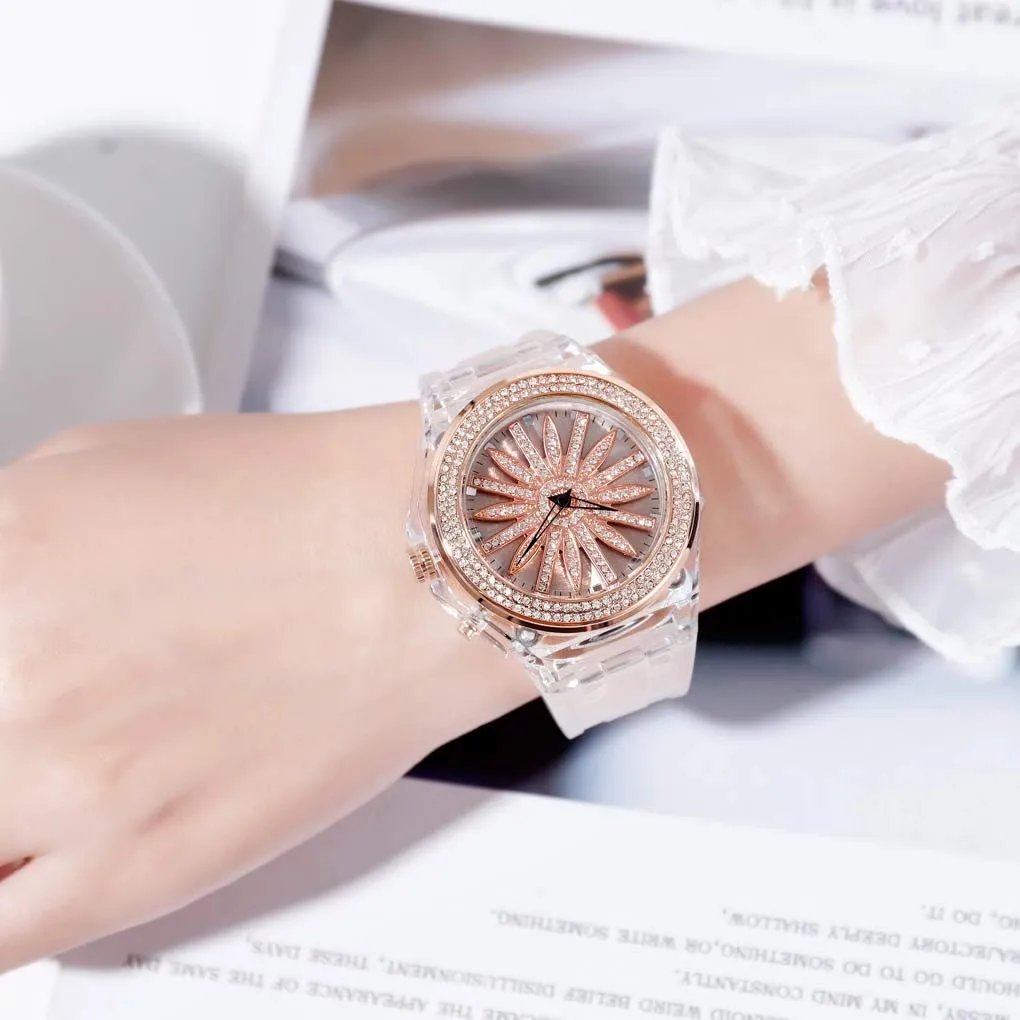 Watch with 360 Rotating Flower Dial & longer 7-Color Backlight Elegant Waterproof Dress Casual Wristwatch with PU Strap Gosasa Fashion LED Women's Quartz 