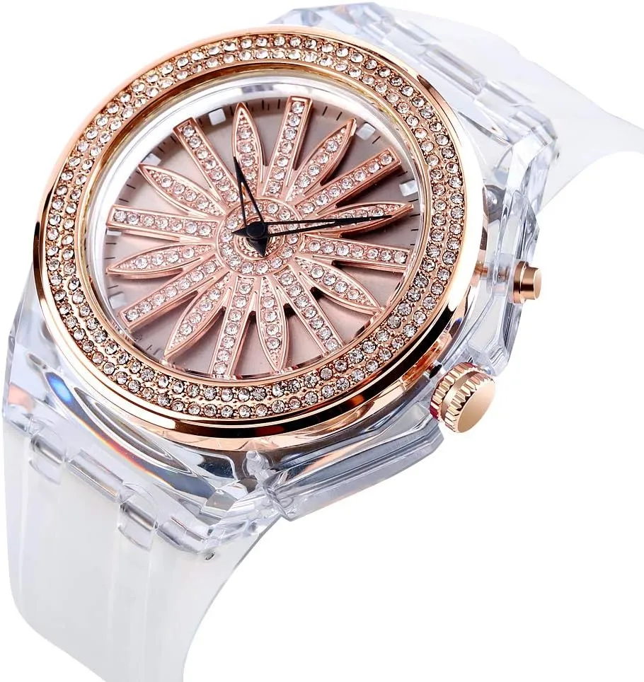 Watch with 360 Rotating Flower Dial & longer 7-Color Backlight Elegant Waterproof Dress Casual Wristwatch with PU Strap Gosasa Fashion LED Women's Quartz 