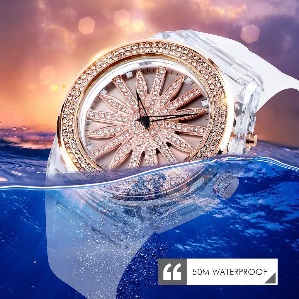 Watch with 360 Rotating Flower Dial & longer 7-Color Backlight Elegant Waterproof Dress Casual Wristwatch with PU Strap Gosasa Fashion LED Women's Quartz 