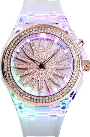 Watch with 360 Rotating Flower Dial & longer 7-Color Backlight Elegant Waterproof Dress Casual Wristwatch with PU Strap Gosasa Fashion LED Women's Quartz 
