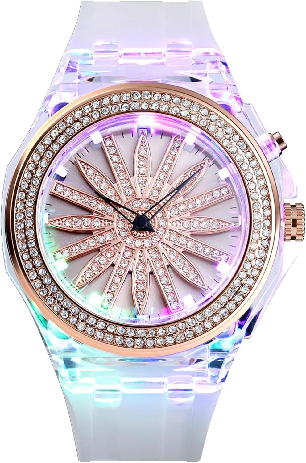 Watch with 360 Rotating Flower Dial & longer 7-Color Backlight Elegant Waterproof Dress Casual Wristwatch with PU Strap Gosasa Fashion LED Women's Quartz 