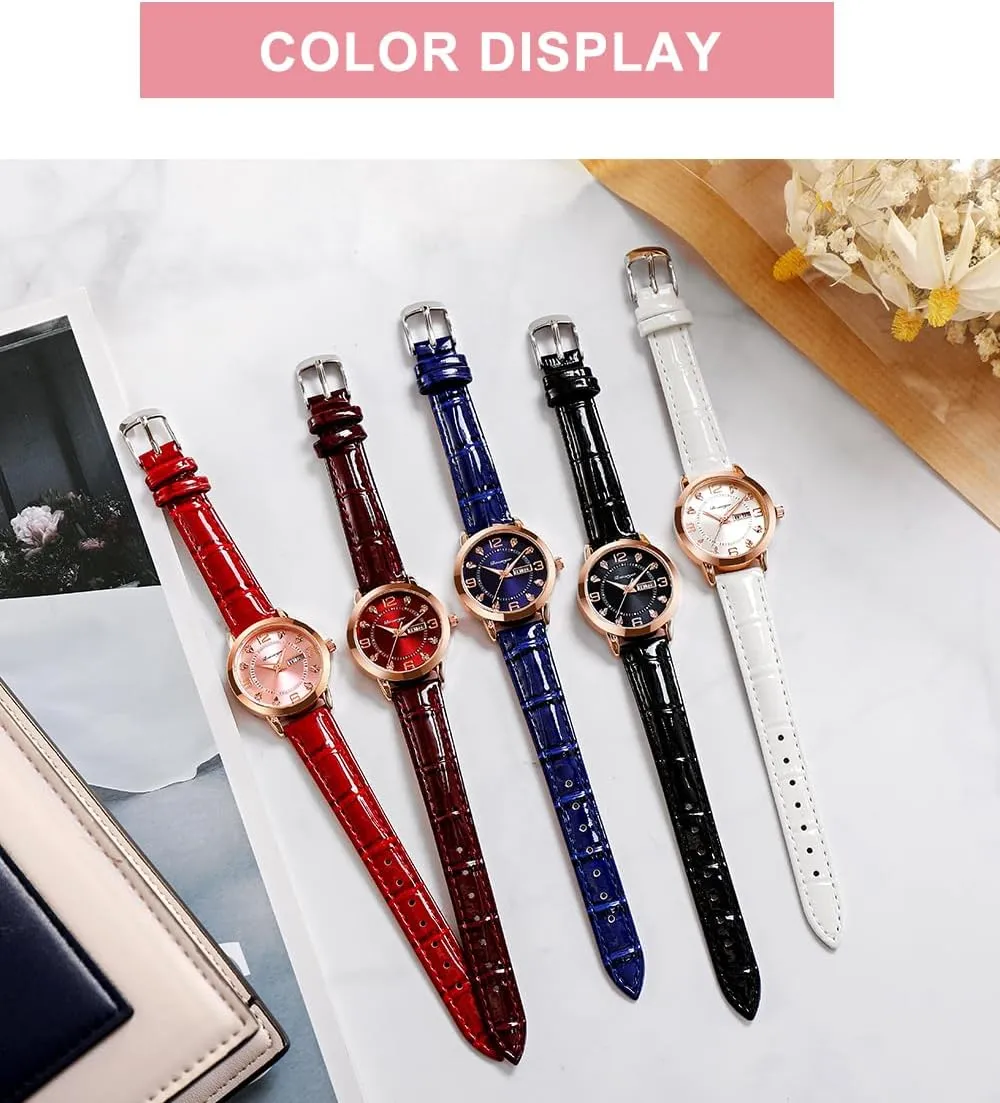 Watch with Calendar Day Date Waterproof Gosasa Women's Business Dress Watches shelter chronobiology cite alpha for Ladies Leather Strap Small Face Luminous Diamond Analog Quartz Wrist 