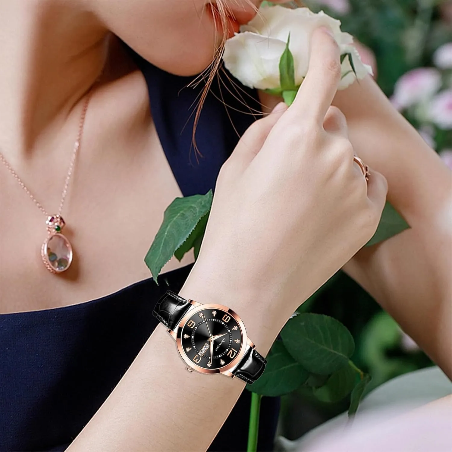 Watch with Calendar Day Date Waterproof Gosasa Women's Business Dress Watches shelter chronobiology cite alpha for Ladies Leather Strap Small Face Luminous Diamond Analog Quartz Wrist 