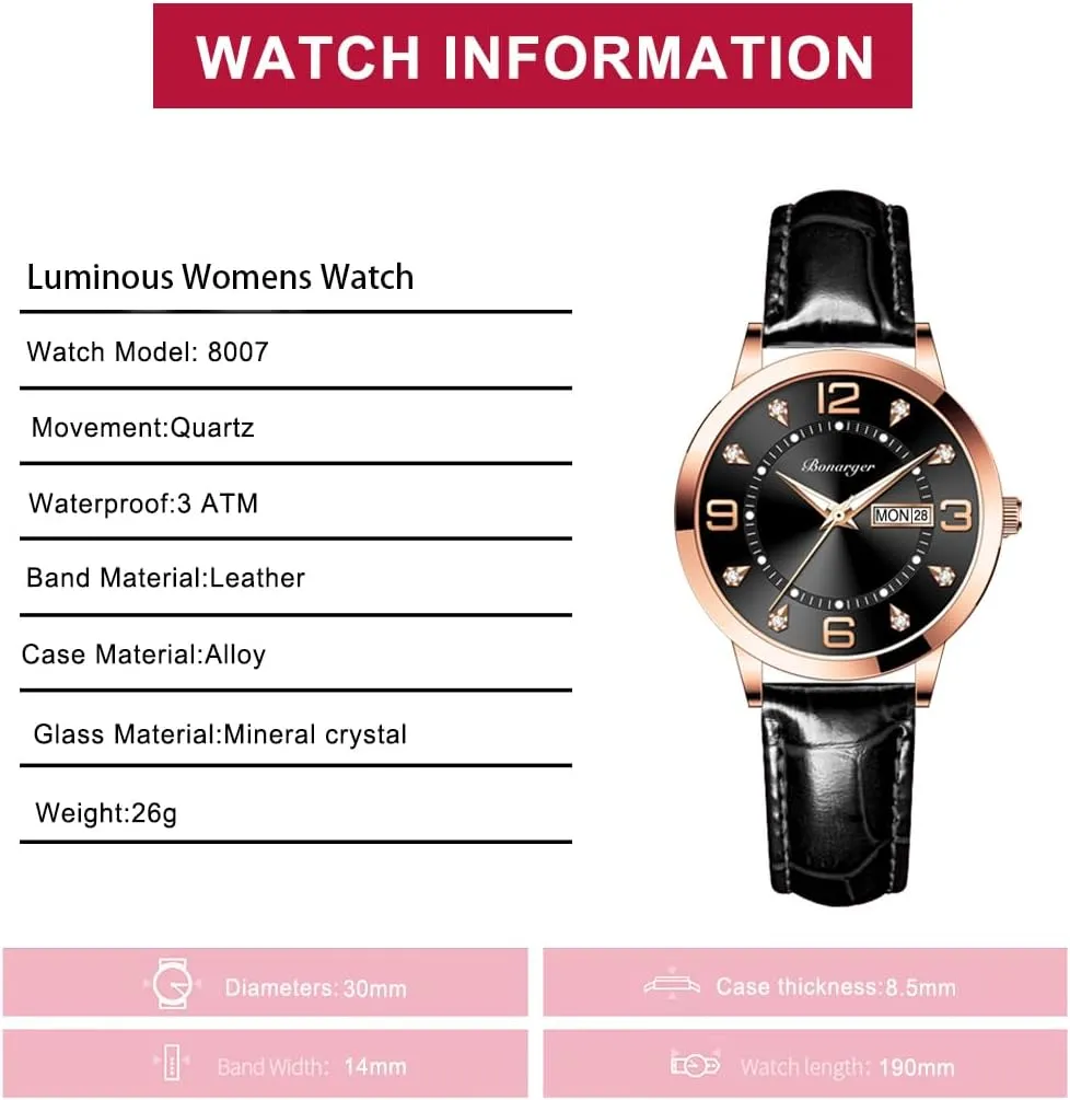Watch with Calendar Day Date Waterproof Gosasa Women's Business Dress Watches shelter chronobiology cite alpha for Ladies Leather Strap Small Face Luminous Diamond Analog Quartz Wrist 