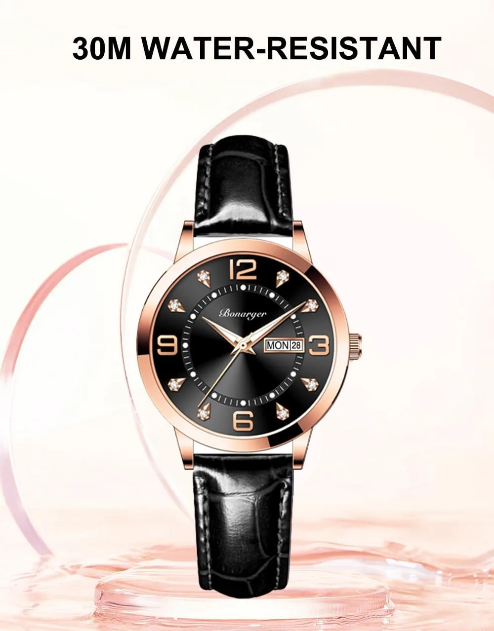 Watch with Calendar Day Date Waterproof Gosasa Women's Business Dress Watches shelter chronobiology cite alpha for Ladies Leather Strap Small Face Luminous Diamond Analog Quartz Wrist 