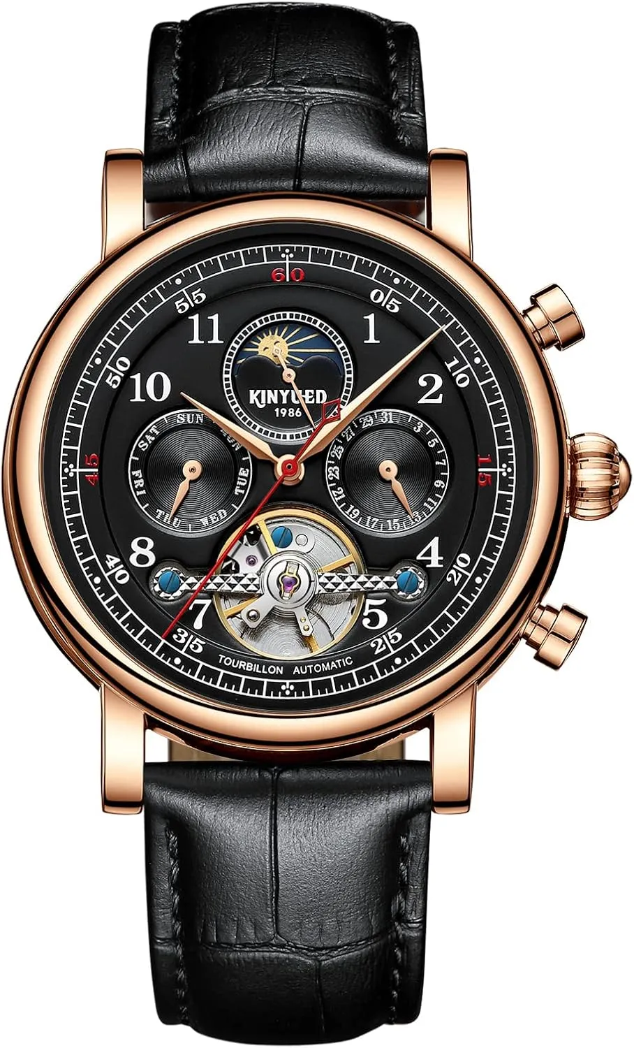 Watch with Calendar,Week, Moon Phase, Tourbillon Automatic Self-Wind Watch IK COLOURING simplify pavlova tenement Mens Watches, 44mm Mechanical Skeleton Wrist 