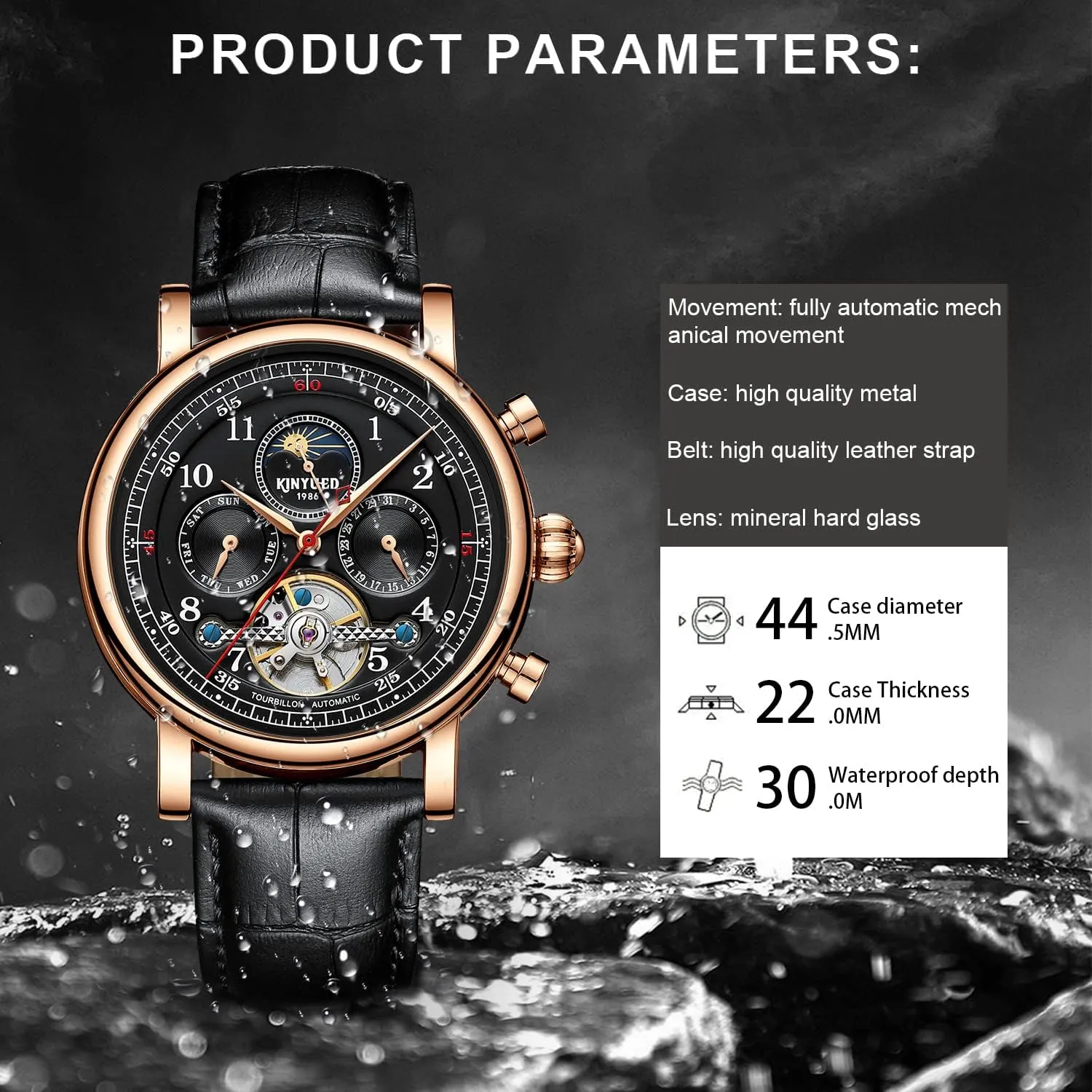 Watch with Calendar,Week, Moon Phase, Tourbillon Automatic Self-Wind Watch IK COLOURING simplify pavlova tenement Mens Watches, 44mm Mechanical Skeleton Wrist 