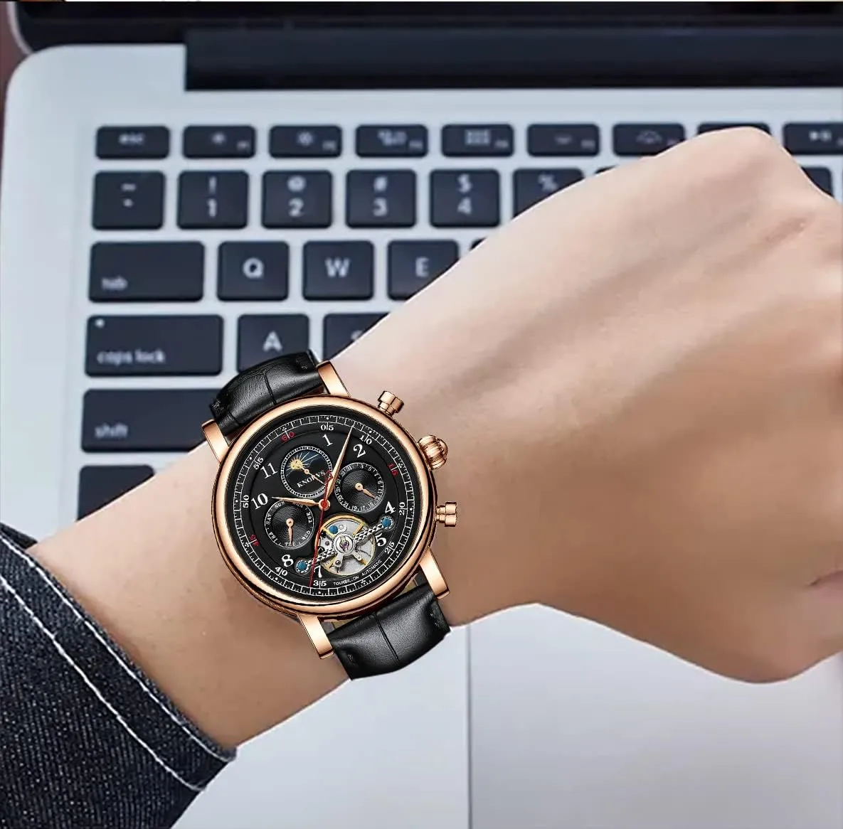 Watch with Calendar,Week, Moon Phase, Tourbillon Automatic Self-Wind Watch IK COLOURING simplify pavlova tenement Mens Watches, 44mm Mechanical Skeleton Wrist 