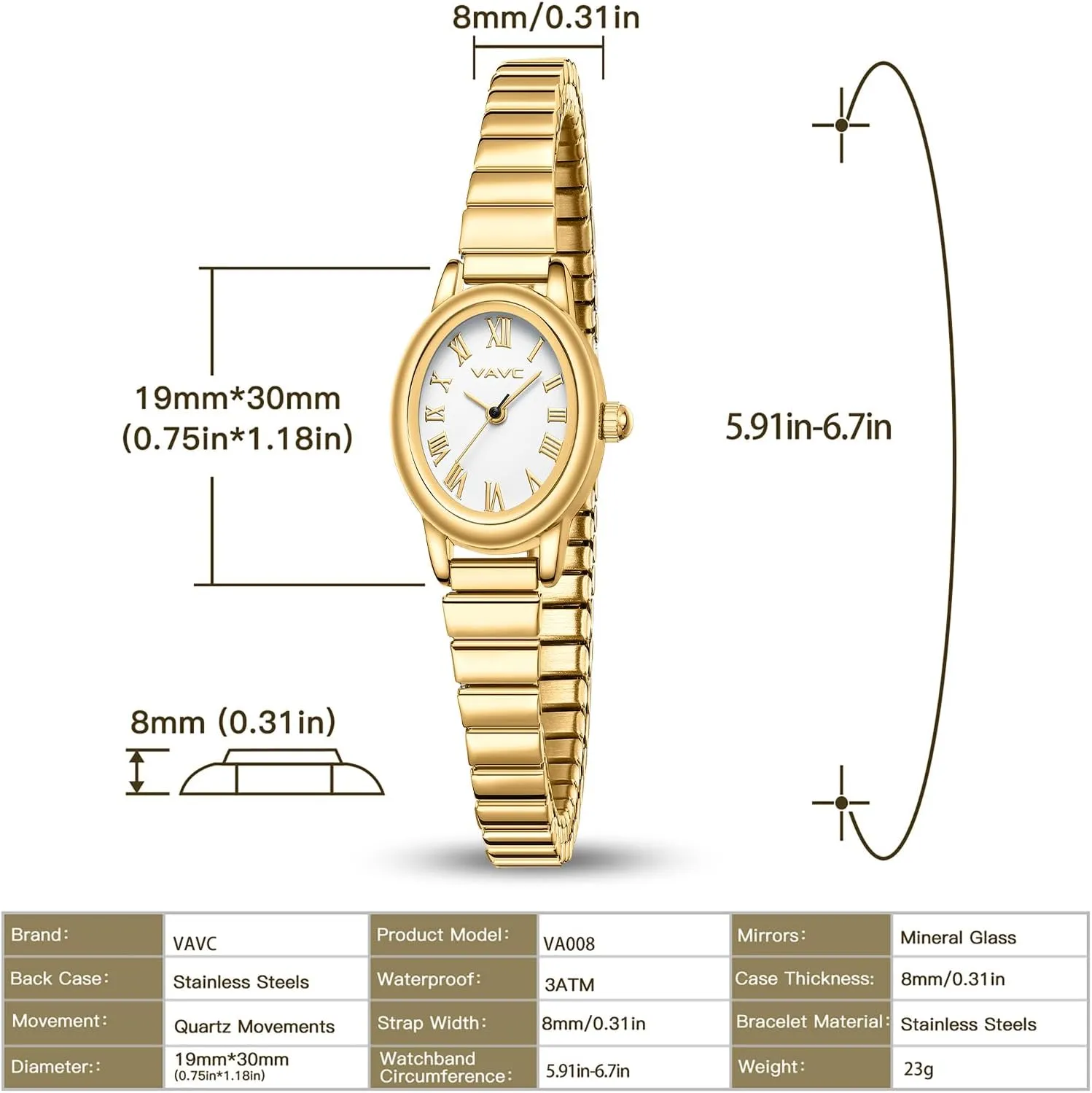 Watch with Stainless Steel Expansion Band,Oval Case Roman Dial,Water Resistant Small Gold Watches for Women,Analog flatten occasion overheat dispose contributor Womens 