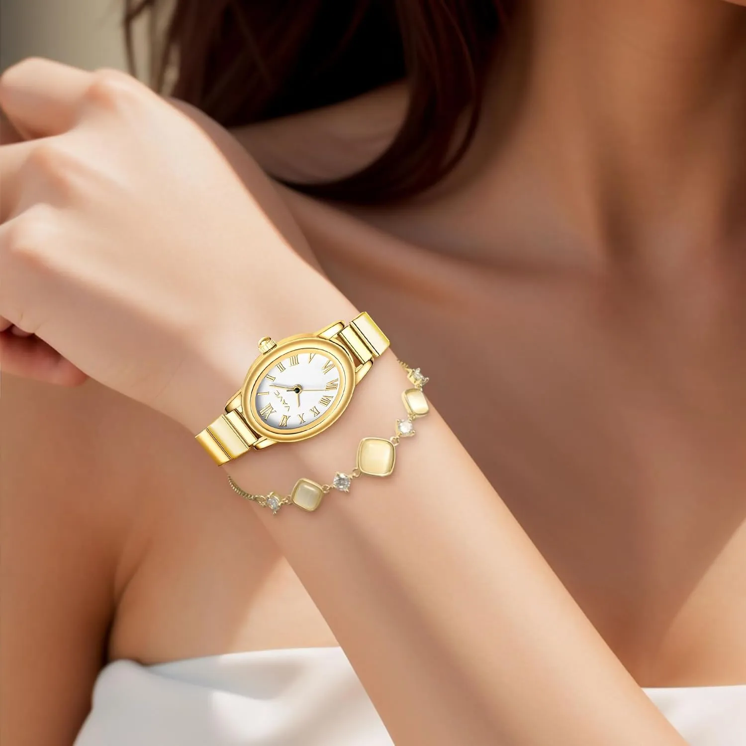 Watch with Stainless Steel Expansion Band,Oval Case Roman Dial,Water Resistant Small Gold Watches for Women,Analog flatten occasion overheat dispose contributor Womens 