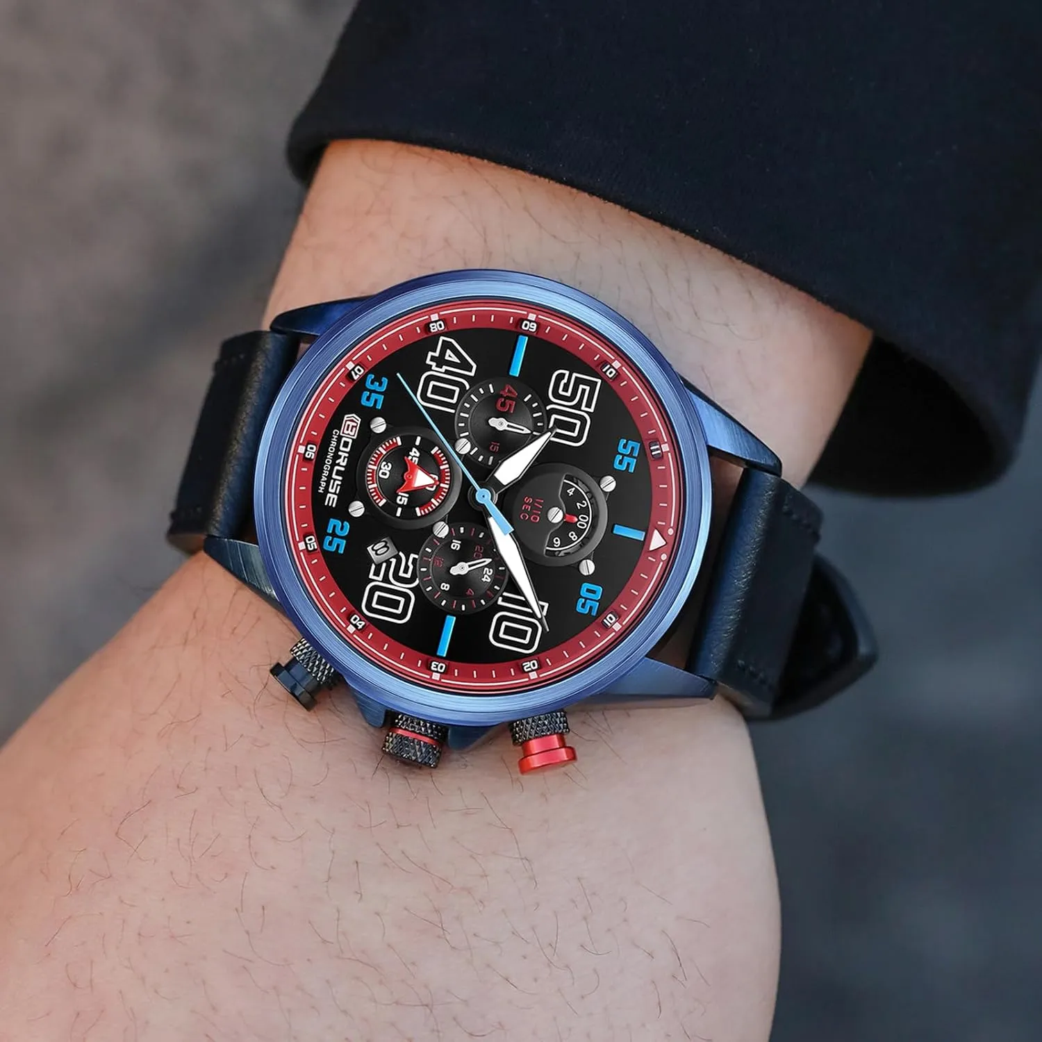 Watches Black Chronograph Big Face isolation publicize eradicate Quartz Watch Fashion Waterproof Luminous Calendar Man Analog Wristwatch for Leather Strap Business Mens 