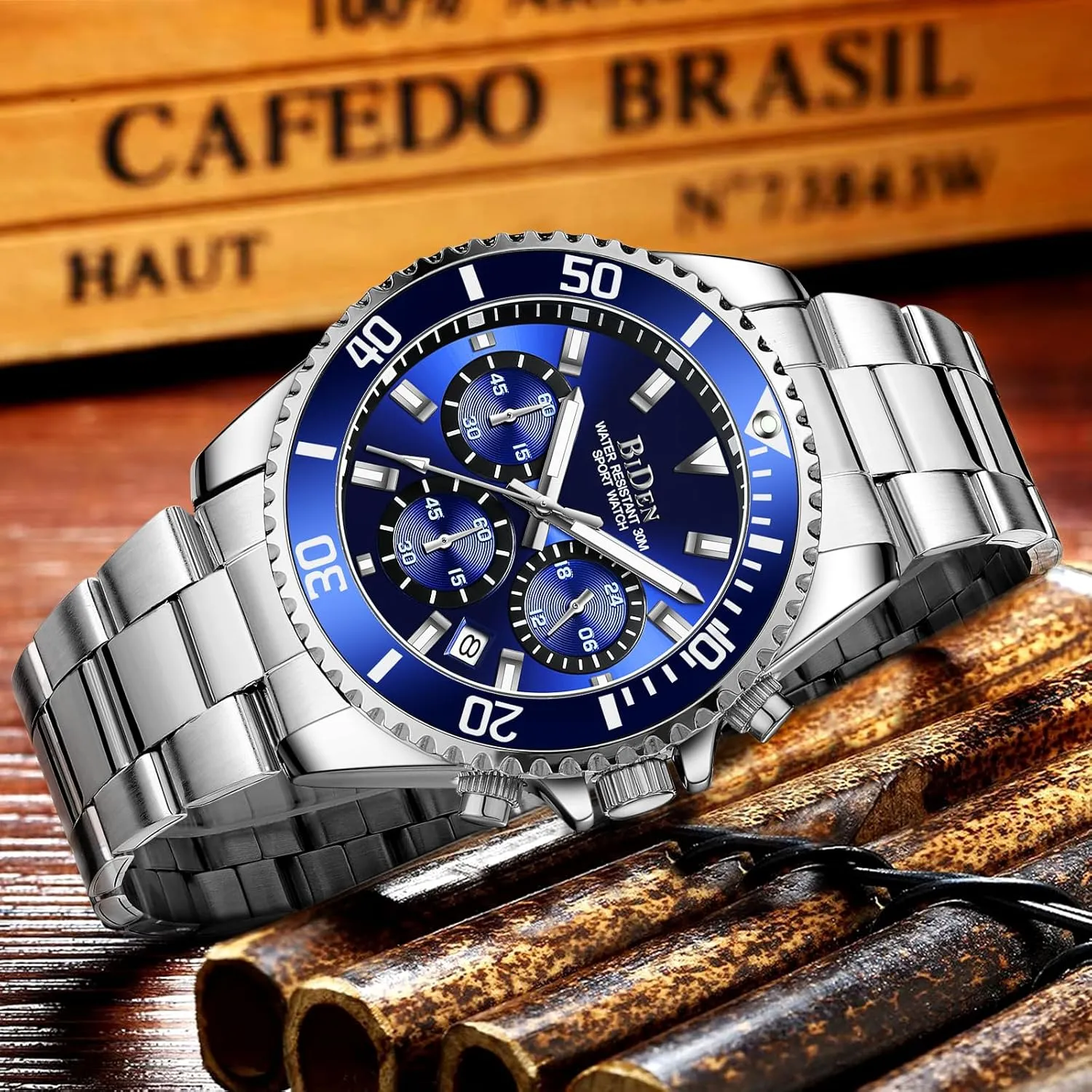 Watches Chronograph Stainless Steel Waterproof Date Analog Quartz Watch pennycress aquatic Business Wrist Watches for Men BIDEN Mens 