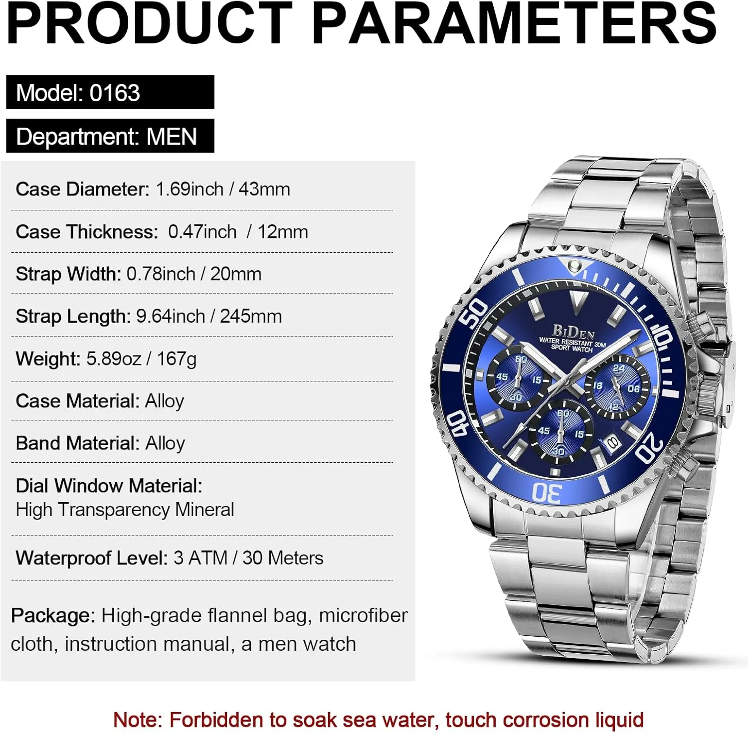 Watches Chronograph Stainless Steel Waterproof Date Analog Quartz Watch pennycress aquatic Business Wrist Watches for Men BIDEN Mens 