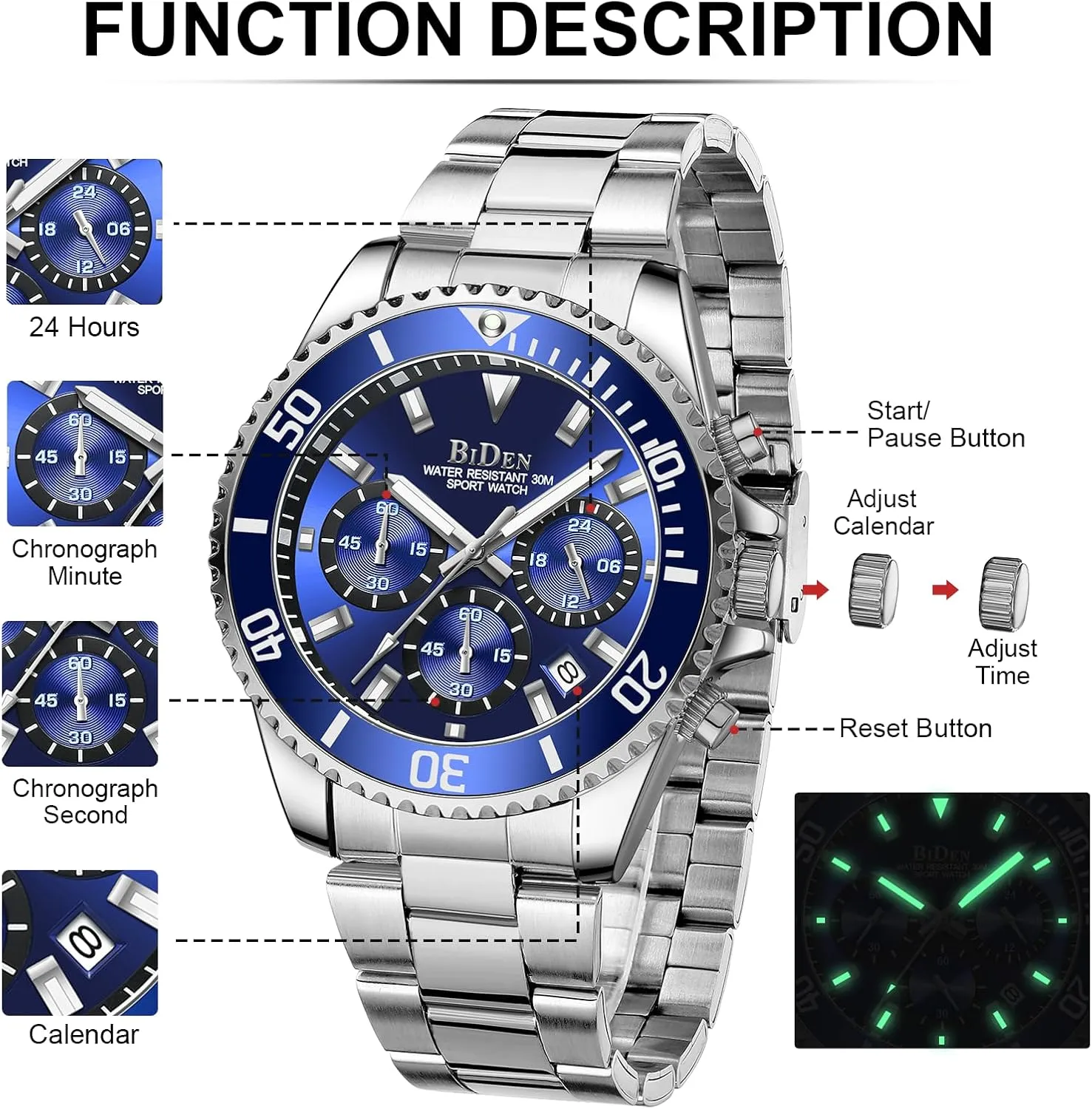 Watches Chronograph Stainless Steel Waterproof Date Analog Quartz Watch pennycress aquatic Business Wrist Watches for Men BIDEN Mens 