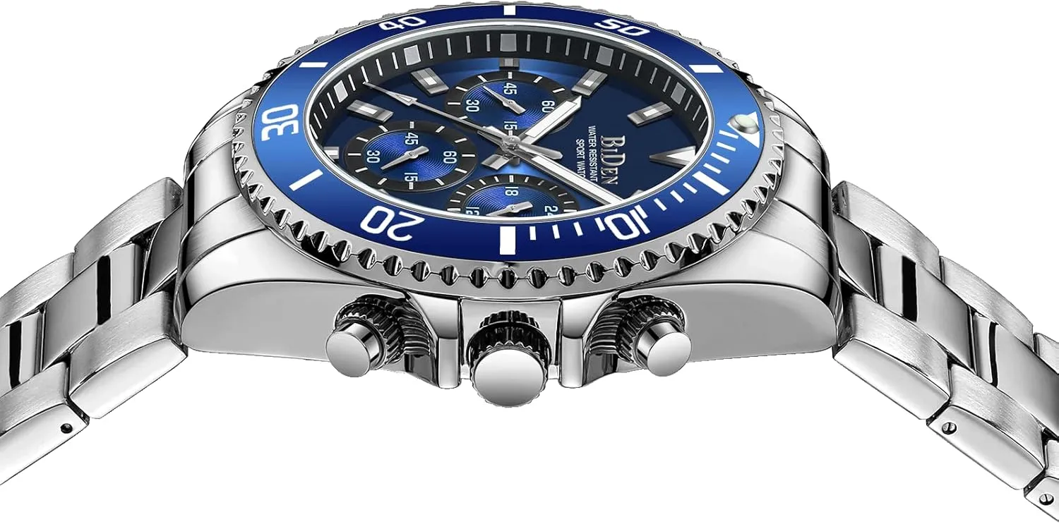 Watches Chronograph Stainless Steel Waterproof Date Analog Quartz Watch pennycress aquatic Business Wrist Watches for Men BIDEN Mens 