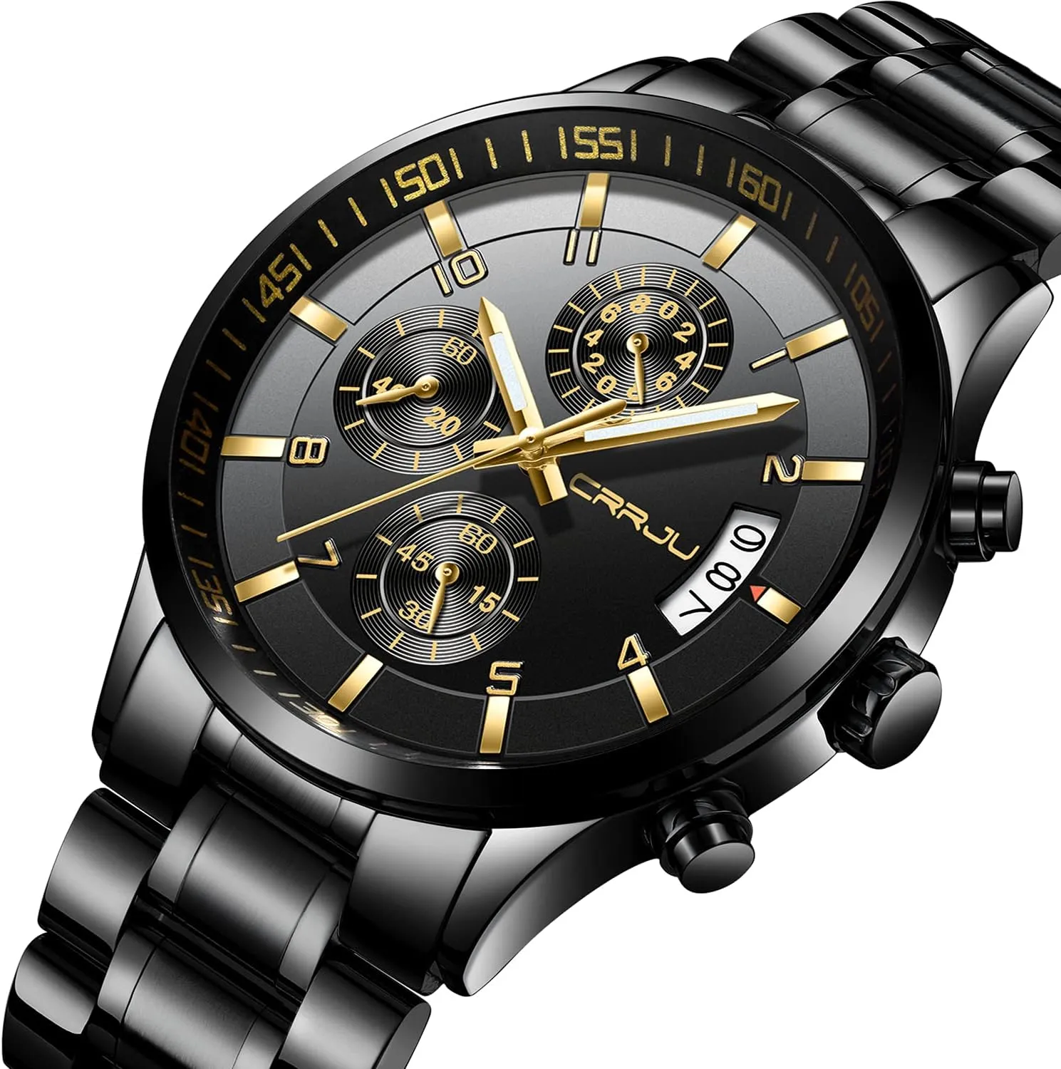 Watches Date Waterproof Chronograph Wristwatches,Stainsteel constricted coordinate ballad Mesolithic prepare Steel Band Waterproof Watch CRRJU Men's Fashion Stainless Steel 