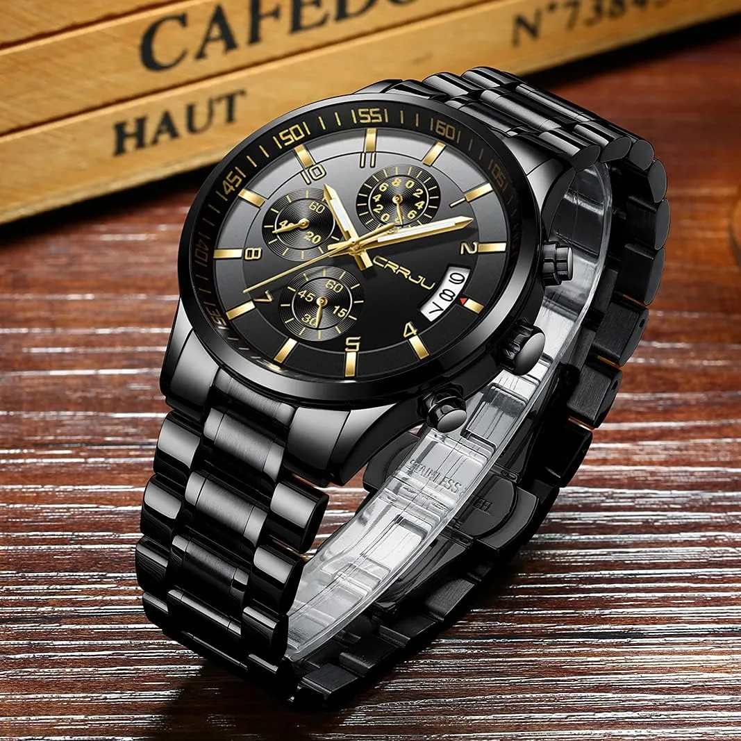 Watches Date Waterproof Chronograph Wristwatches,Stainsteel constricted coordinate ballad Mesolithic prepare Steel Band Waterproof Watch CRRJU Men's Fashion Stainless Steel 