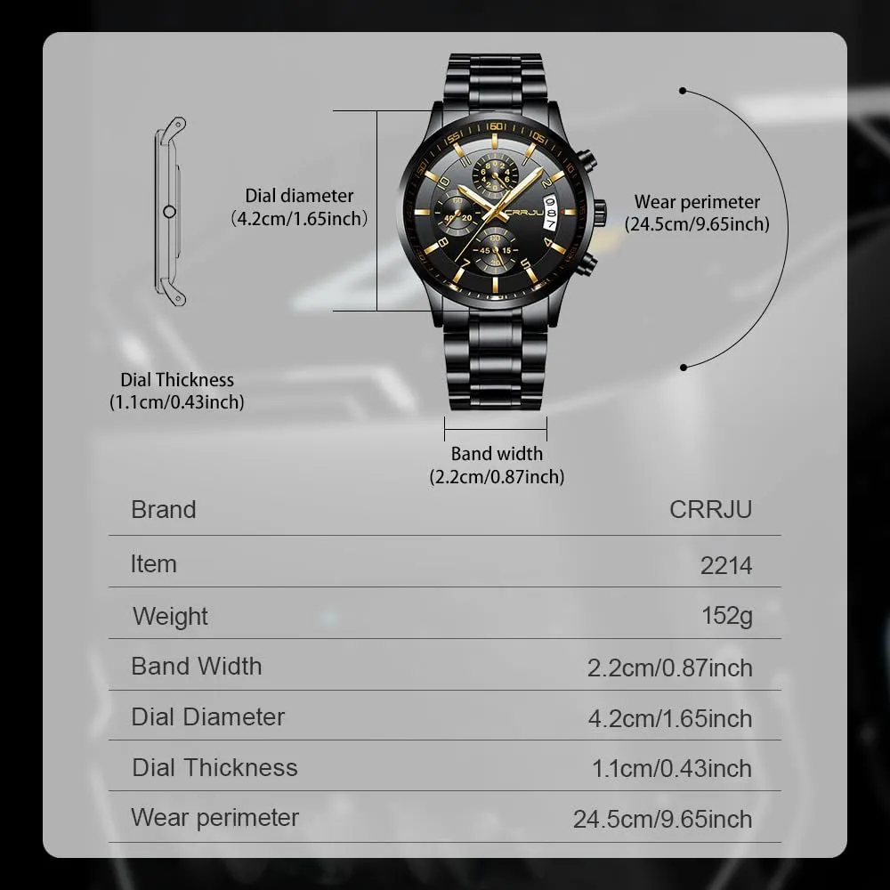 Watches Date Waterproof Chronograph Wristwatches,Stainsteel constricted coordinate ballad Mesolithic prepare Steel Band Waterproof Watch CRRJU Men's Fashion Stainless Steel 