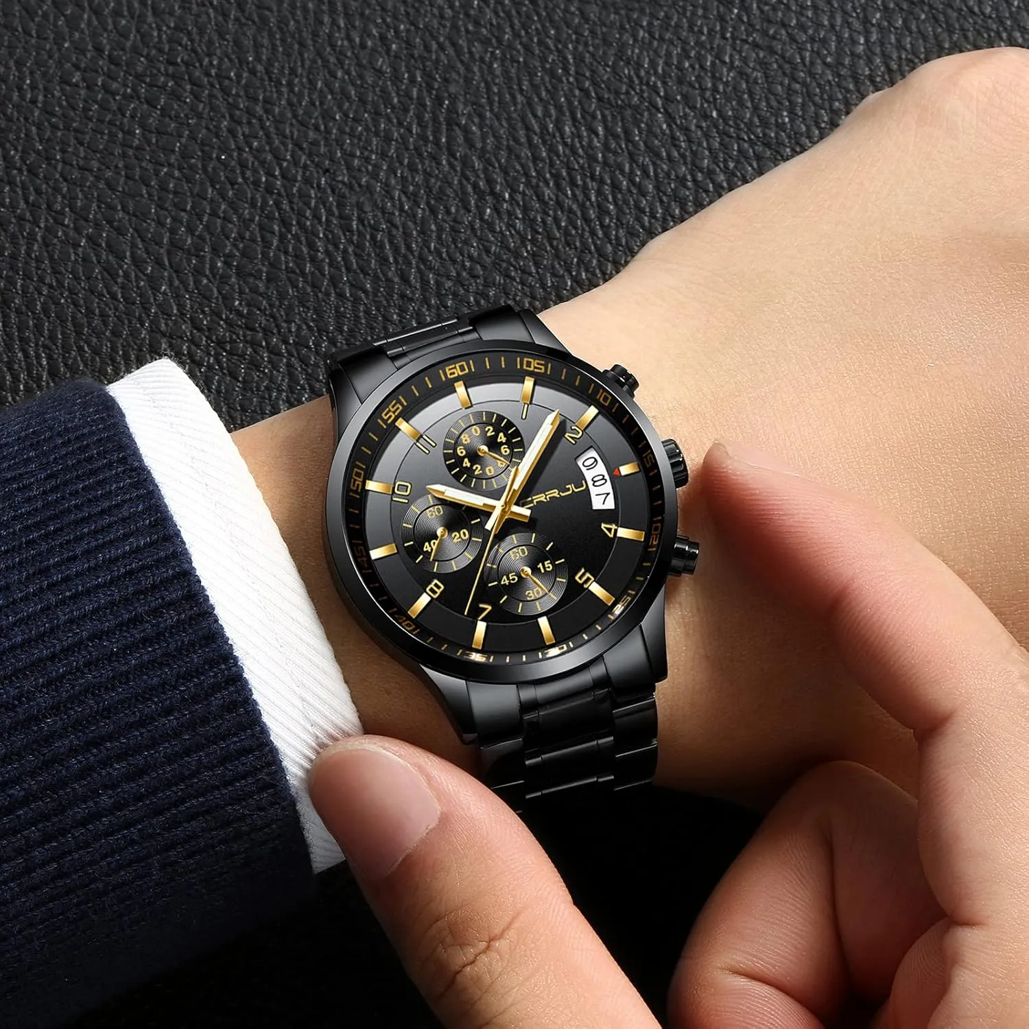 Watches Date Waterproof Chronograph Wristwatches,Stainsteel constricted coordinate ballad Mesolithic prepare Steel Band Waterproof Watch CRRJU Men's Fashion Stainless Steel 