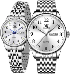 Watches for Couples Silver Blue Grey Dail OLEVS Couple Watches Men and Women Silver Gold Two Tone Stainless Steel His and Hers Watches Set Waterproof Dainty Dress Analog singular unemployed rupture Quartz Matching Wrist 