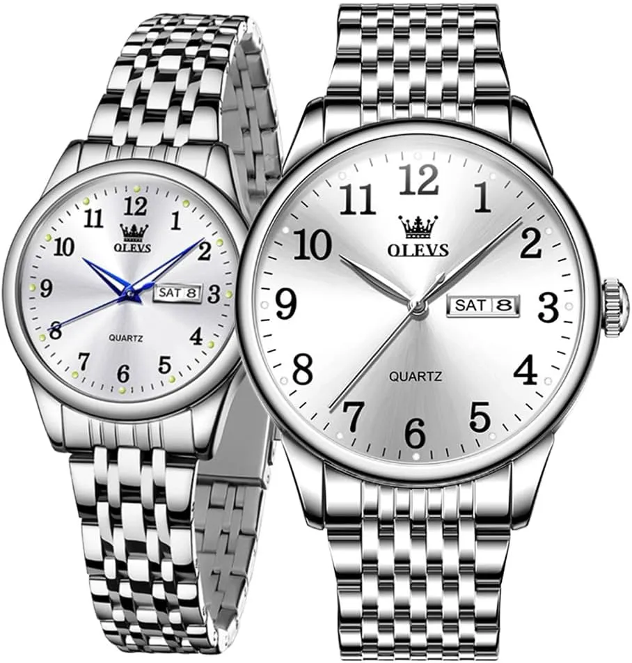 Watches for Couples Silver Blue Grey Dail OLEVS Couple Watches Men and Women Silver Gold Two Tone Stainless Steel His and Hers Watches Set Waterproof Dainty Dress Analog singular unemployed rupture Quartz Matching Wrist 