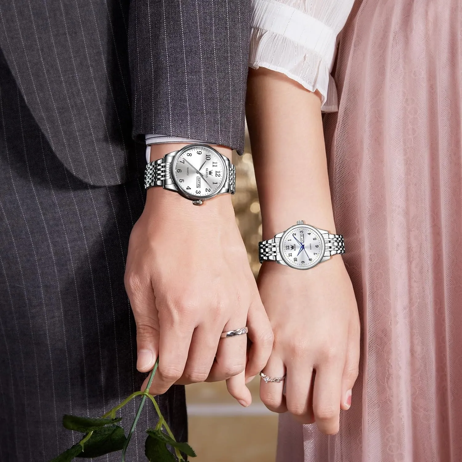 Watches for Couples Silver Blue Grey Dail OLEVS Couple Watches Men and Women Silver Gold Two Tone Stainless Steel His and Hers Watches Set Waterproof Dainty Dress Analog singular unemployed rupture Quartz Matching Wrist 
