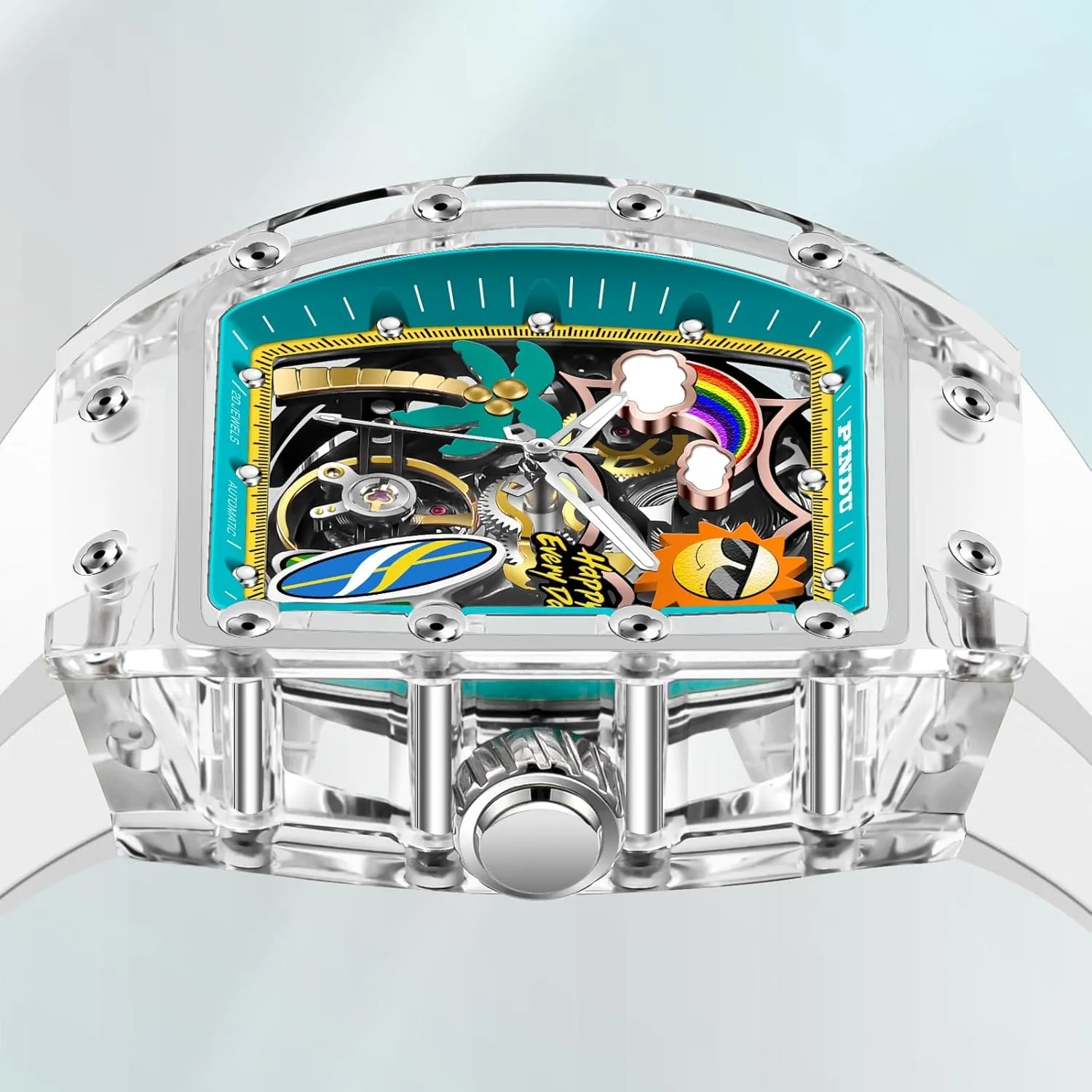 Watches for earthworm soprano slapstick friendship stew Men, Tonneau Refreshing Beach Style Skeleton Watches for Men Mechanical 50M Waterproof Analogue Mens Unique Cool Square Big Face Dial Wrist with Silicone Strap Band PINDU Automatic 