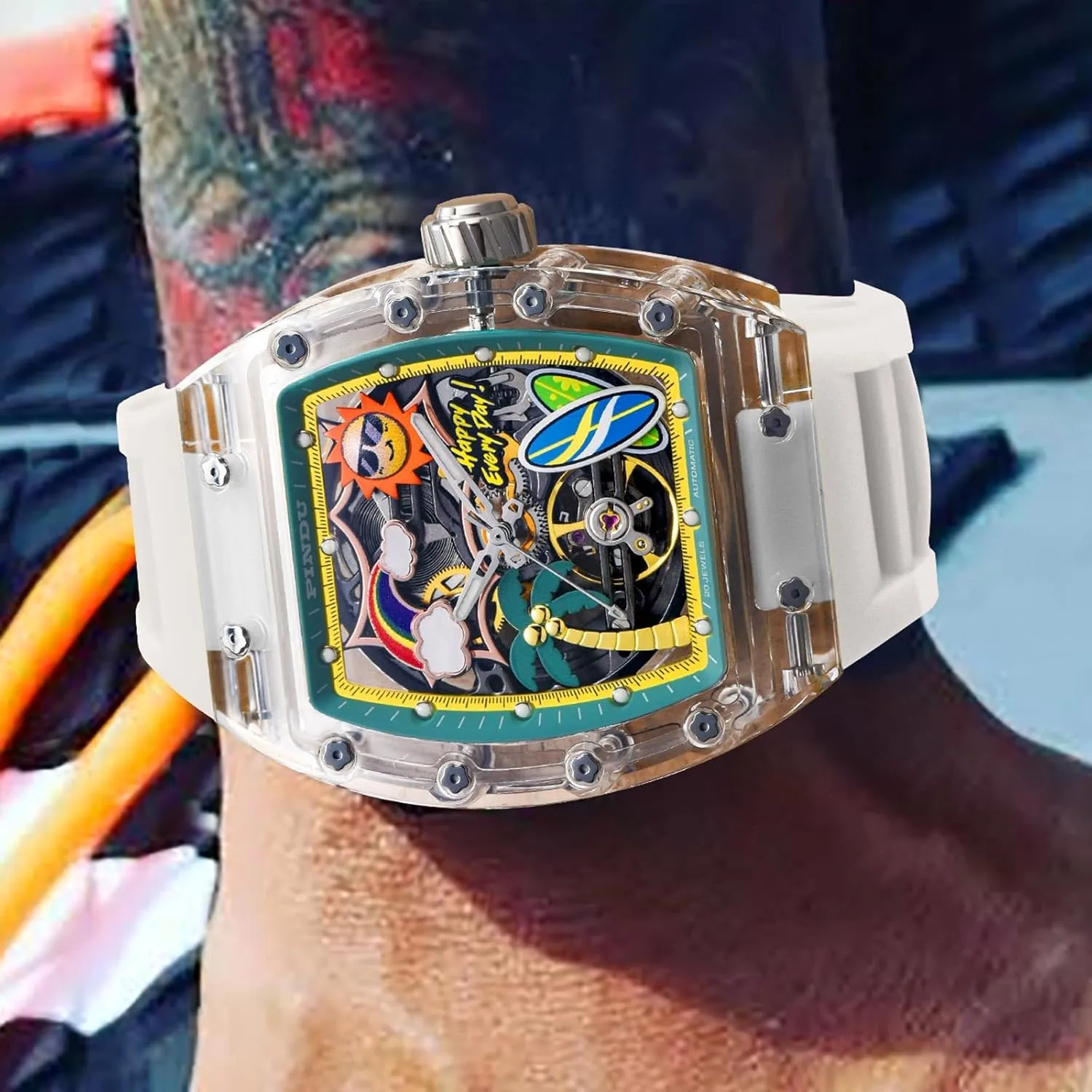 Watches for earthworm soprano slapstick friendship stew Men, Tonneau Refreshing Beach Style Skeleton Watches for Men Mechanical 50M Waterproof Analogue Mens Unique Cool Square Big Face Dial Wrist with Silicone Strap Band PINDU Automatic 