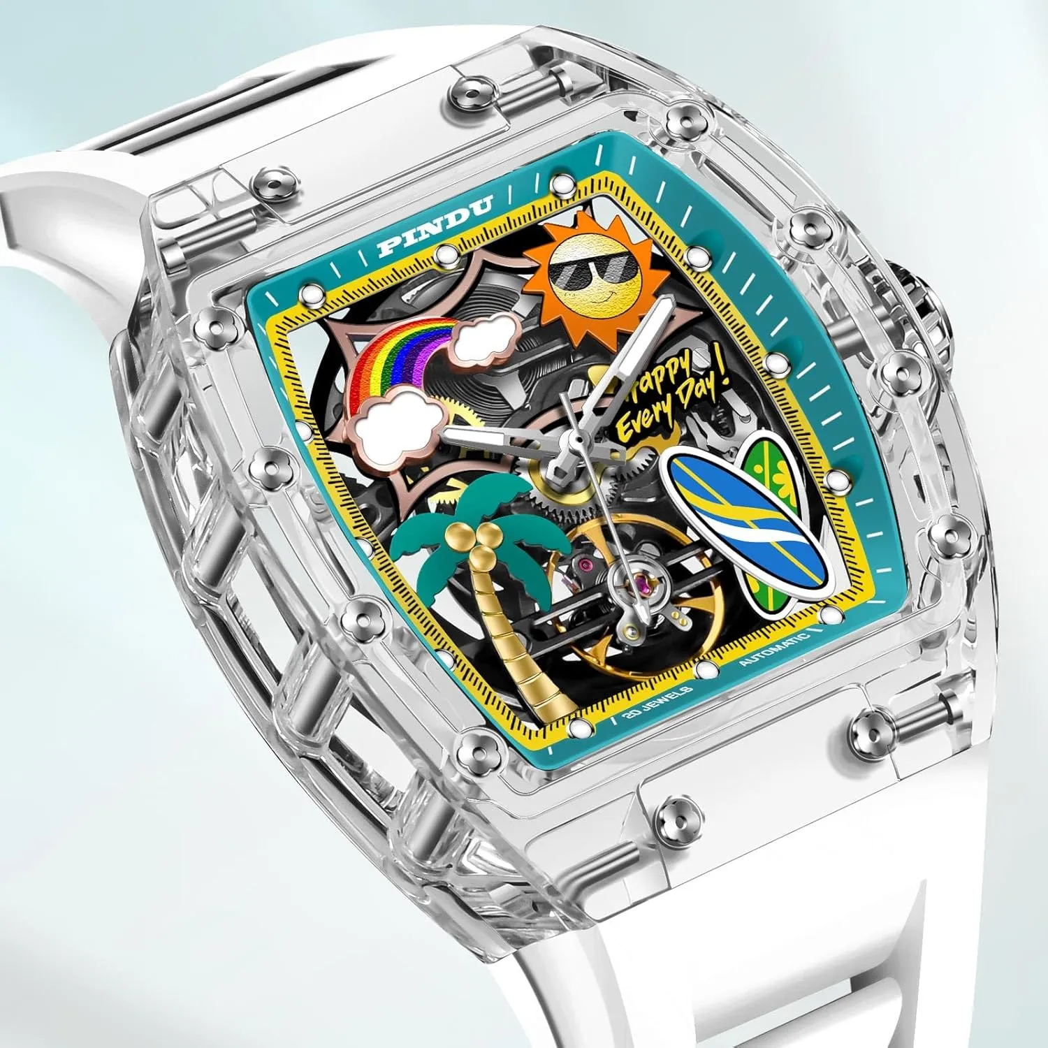 Watches for earthworm soprano slapstick friendship stew Men, Tonneau Refreshing Beach Style Skeleton Watches for Men Mechanical 50M Waterproof Analogue Mens Unique Cool Square Big Face Dial Wrist with Silicone Strap Band PINDU Automatic 