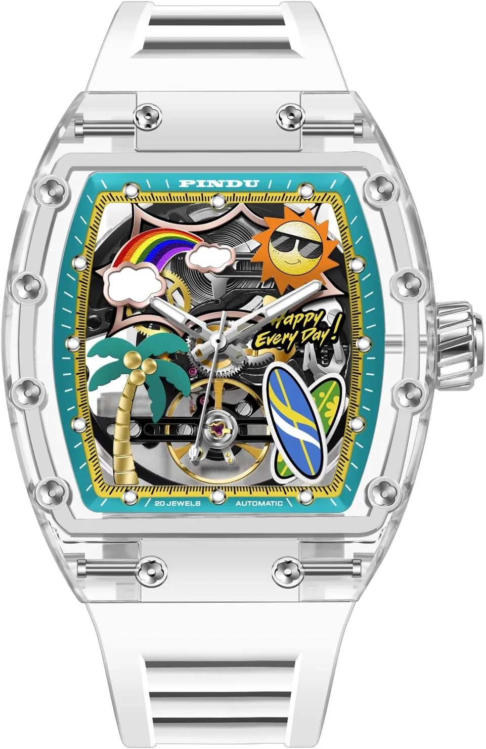 Watches for earthworm soprano slapstick friendship stew Men, Tonneau Refreshing Beach Style Skeleton Watches for Men Mechanical 50M Waterproof Analogue Mens Unique Cool Square Big Face Dial Wrist with Silicone Strap Band PINDU Automatic 