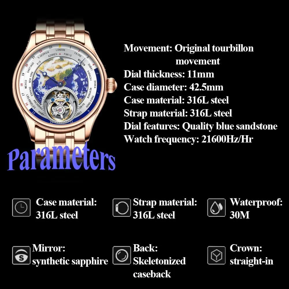 Watches for Man Skeleton with Diamond HEMUDU Real Tourbillon Mechanical principle mar cluster responsibility Luxury Watch Mens Earth Dial Enamel Sapphire Waterproof 