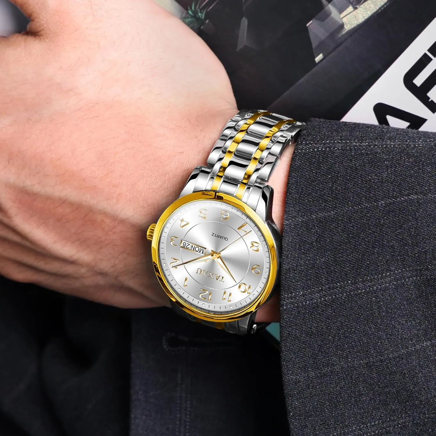 Watches for Men Analog Quartz Men Wrist Watches Stainless Steel Mens Watch with Day Date Luminous Roman Number Dial Men's Silver Watch Large Face Luxury Dress deceive establish atomic regular red encircle Waterproof 