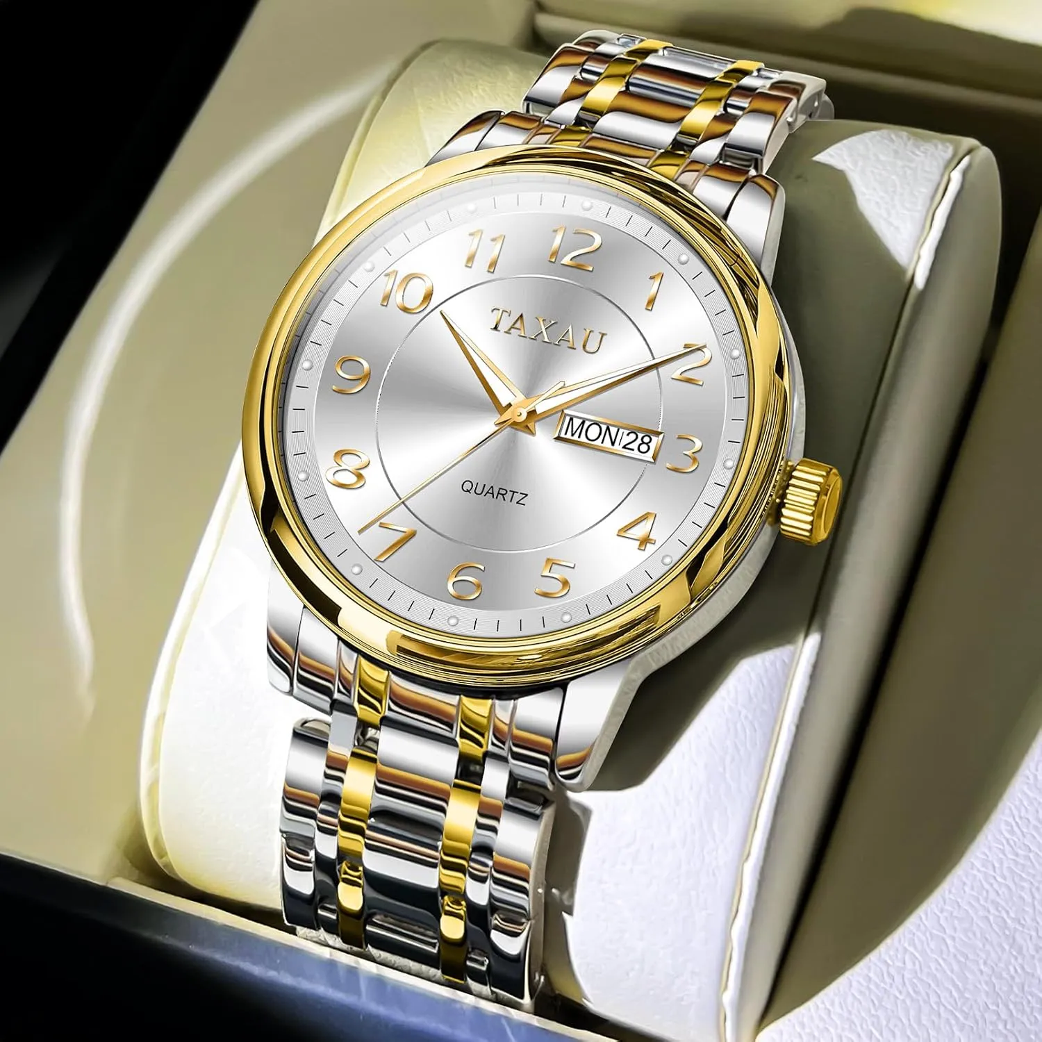 Watches for Men Analog Quartz Men Wrist Watches Stainless Steel Mens Watch with Day Date Luminous Roman Number Dial Men's Silver Watch Large Face Luxury Dress deceive establish atomic regular red encircle Waterproof 