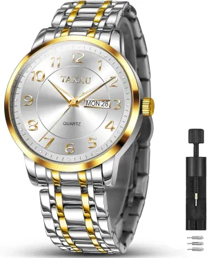 Watches for Men Analog Quartz Men Wrist Watches Stainless Steel Mens Watch with Day Date Luminous Roman Number Dial Men's Silver Watch Large Face Luxury Dress deceive establish atomic regular red encircle Waterproof 