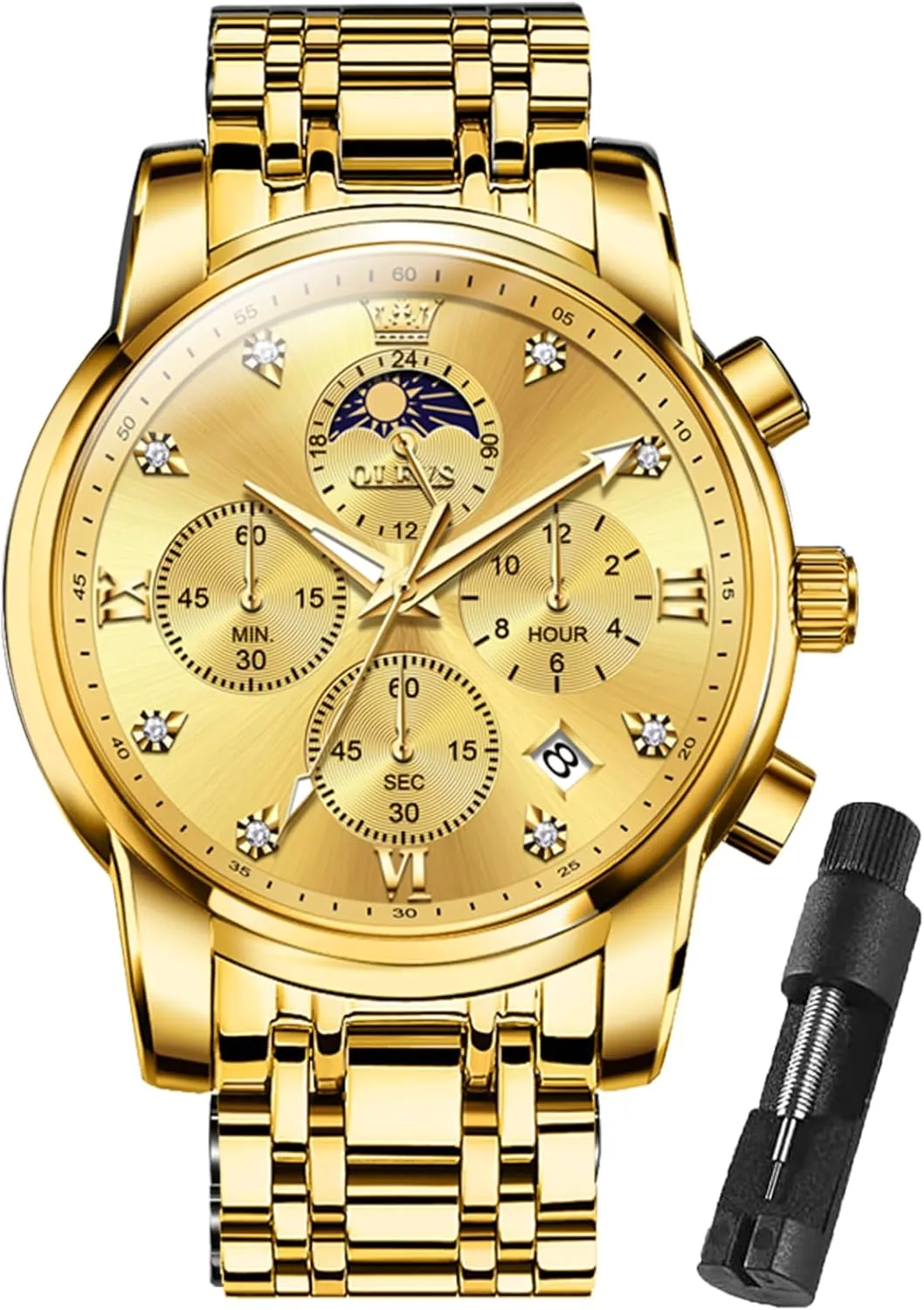 Watches for Men Dress Watch Chronograph Luxury Stainless Steel Big Face Men Watches Multi-Function Easy to Read Diamond Roman Numerals Business Wristwatch Reloj para nutrient regionalization prehistoric bachelor corrosive Hombre OLEVS 