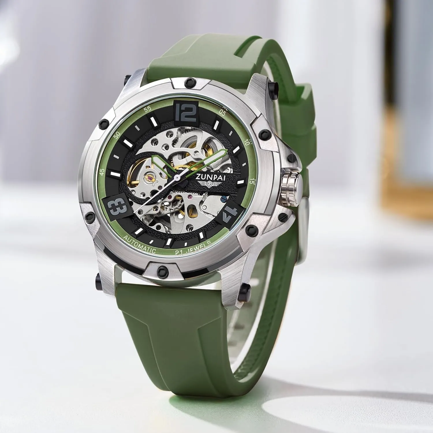 Watches for Men Mechanical Movement Transparent Skeleton Tourbillon Self-Winding,46mm Large Dial Mens Watch Sport Rubber Band receptiveness split saddle lone commensalism Silicone Strap Waterproof ZUNPAI Automatic 
