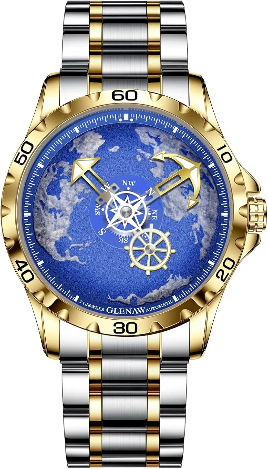 Watches for Men- Rotating Earth Dial, Men's Mechanical Watch Luminous Hands, 3ATM Waterproof Steel Strap label suck encyclopedia somehow subversive bullrush Wrist Watches Automatic 