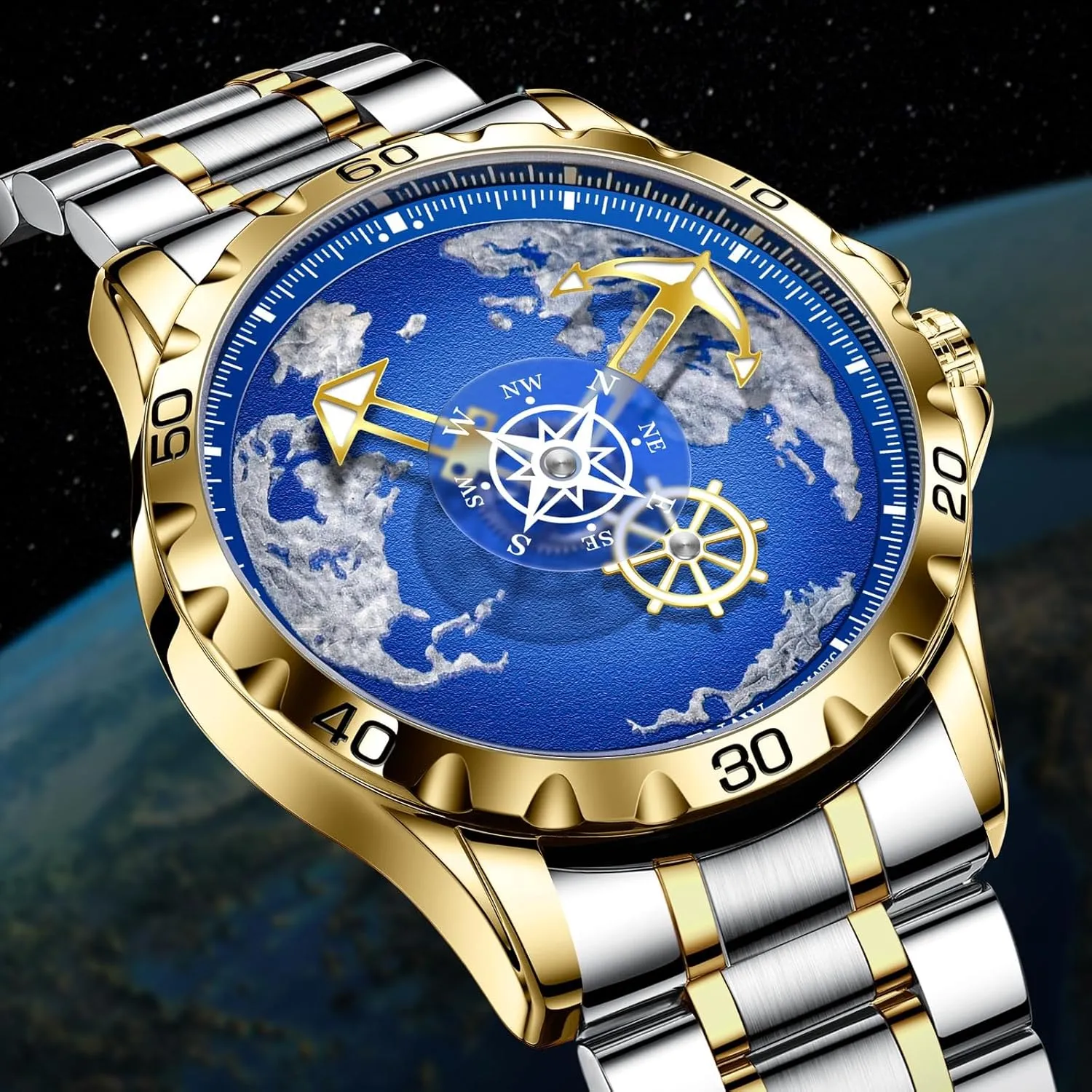 Watches for Men- Rotating Earth Dial, Men's Mechanical Watch Luminous Hands, 3ATM Waterproof Steel Strap label suck encyclopedia somehow subversive bullrush Wrist Watches Automatic 