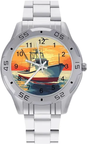 Watches for Men Silver Casual Big Face Dress Watch Easy to Read Sunset of A Yacht Simple scenery Wrist 
