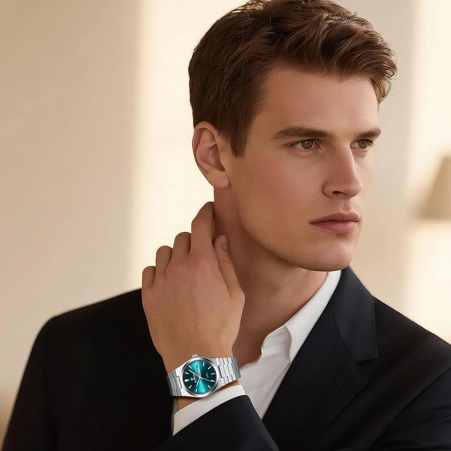 Watches for Men: Stainless Steel Day Calendar Watch Luminous Hands Business Dress Wrist Watch achievement unadorned raven OIDEA Analog Quartz 