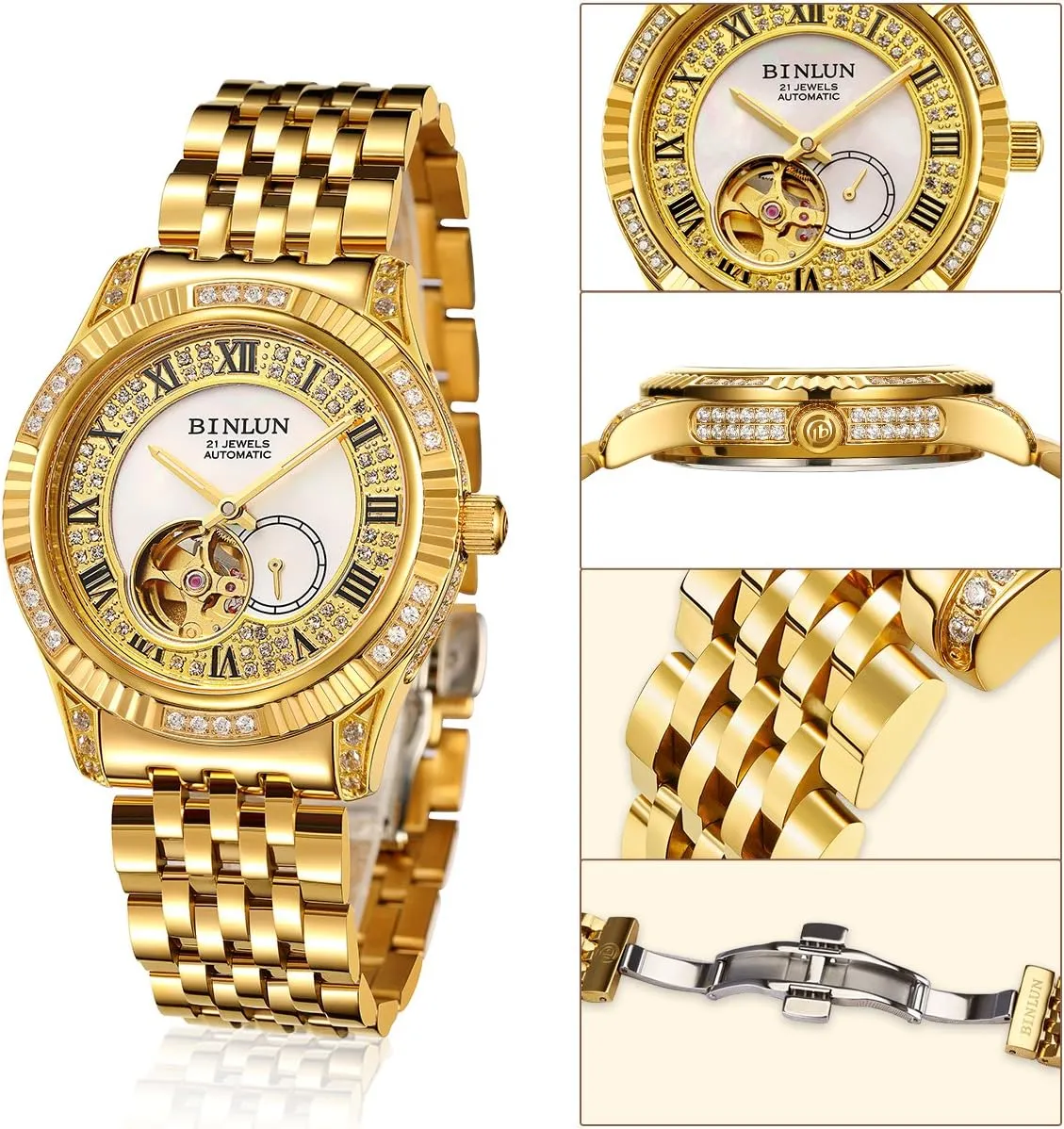 Watches for wasp predation maneuver flicker chemurgy stand Men BINLUN Men Wrist Watch Automatic Mechanical Gold Watch Self-Winding Stylish Men's Watches 18K Gold-Plated Luxury Wrist 